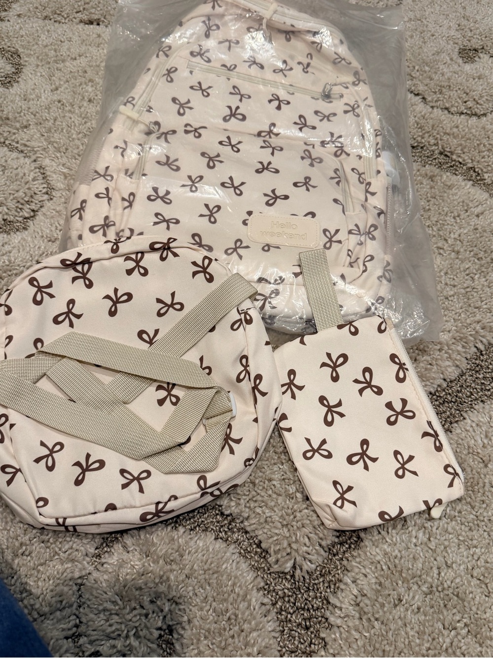 Cream and Brown Bow Print Backpack Set
